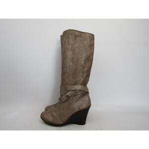 You By Crocs Womens Size 10.5 M Brown Leather Wedge Buckle Knee High Boots